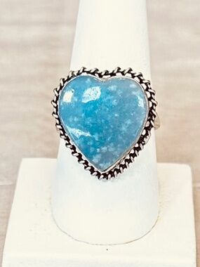 Blue Chalcedony Heart Ring Sterling Silver 925 Statement Boho Vintage Sz 8-3/4